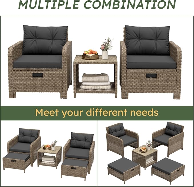 LHBcraft 5 Piece Patio Conversation Set Outdoor Patio Chairs with Ottomans Balcony Furniture with Soft Cushions & Coffee Table for Poolside Garden Balcony (Black Cushion +Yellow Rattan)