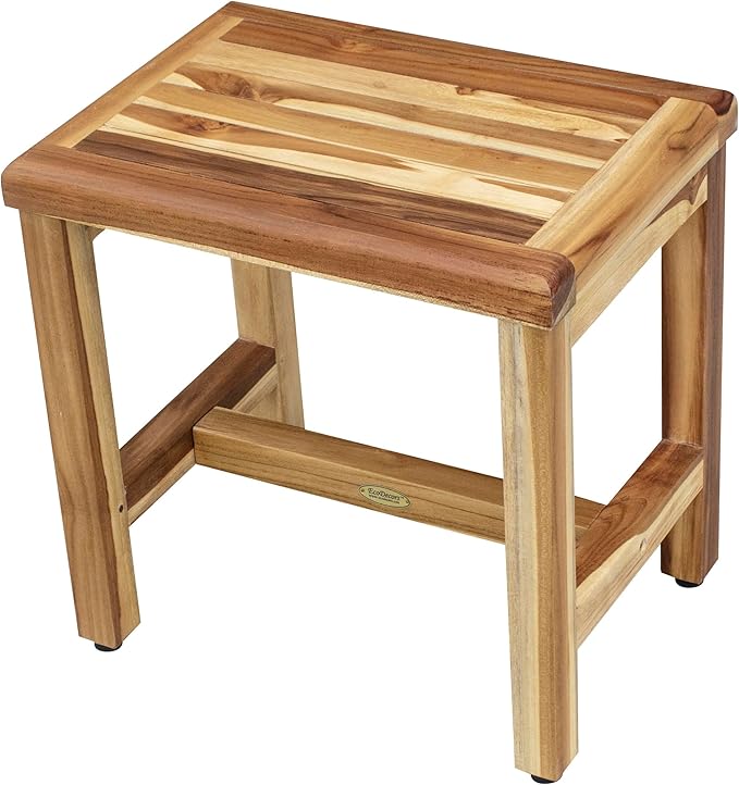 EcoDecors 18 Inch Natural Teak Waterproof Teak Wood Shower Bench Stool Seat Chair For Inside Shower Provides Safety, Storage, and Organization For Bathroom Accessories