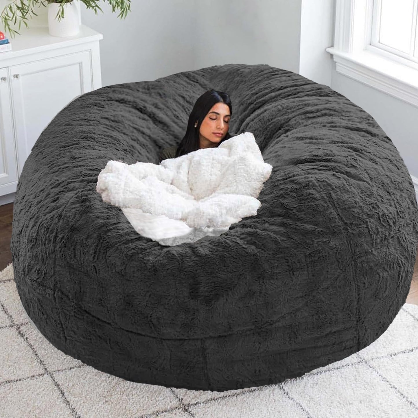 FANNIEHOME Big Beanbag Chair for Adults and Kids No Filling Comfy Cover for Lazy Sofa Bedroom Floor Chair, Dark Grey, 7FT