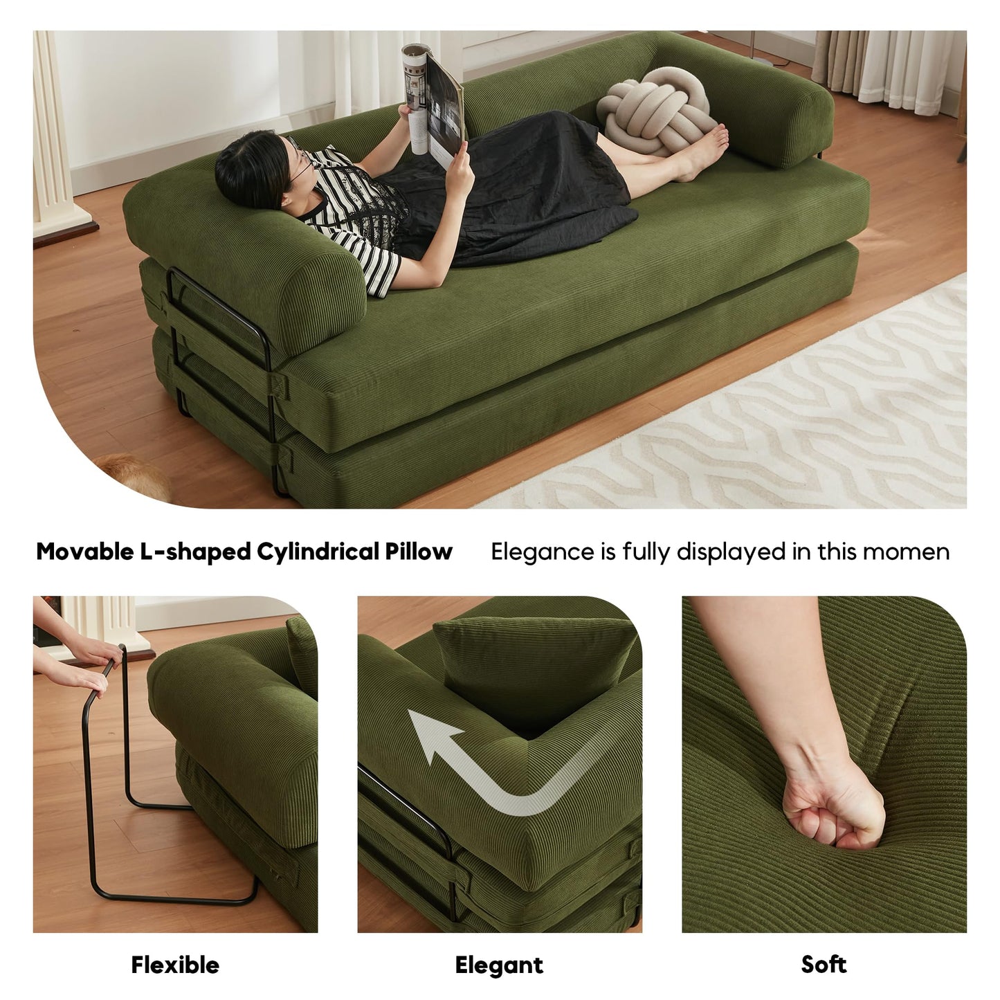 ZEIINPA Convertible Sleeper Sofa Bed with Cylindrical Pillow, Corduroy Folding Mattress Couch with Fixed-Shape Frame, Floor Sofa Lounge Couch for Living Room Bedroom Lounge Studio-Green