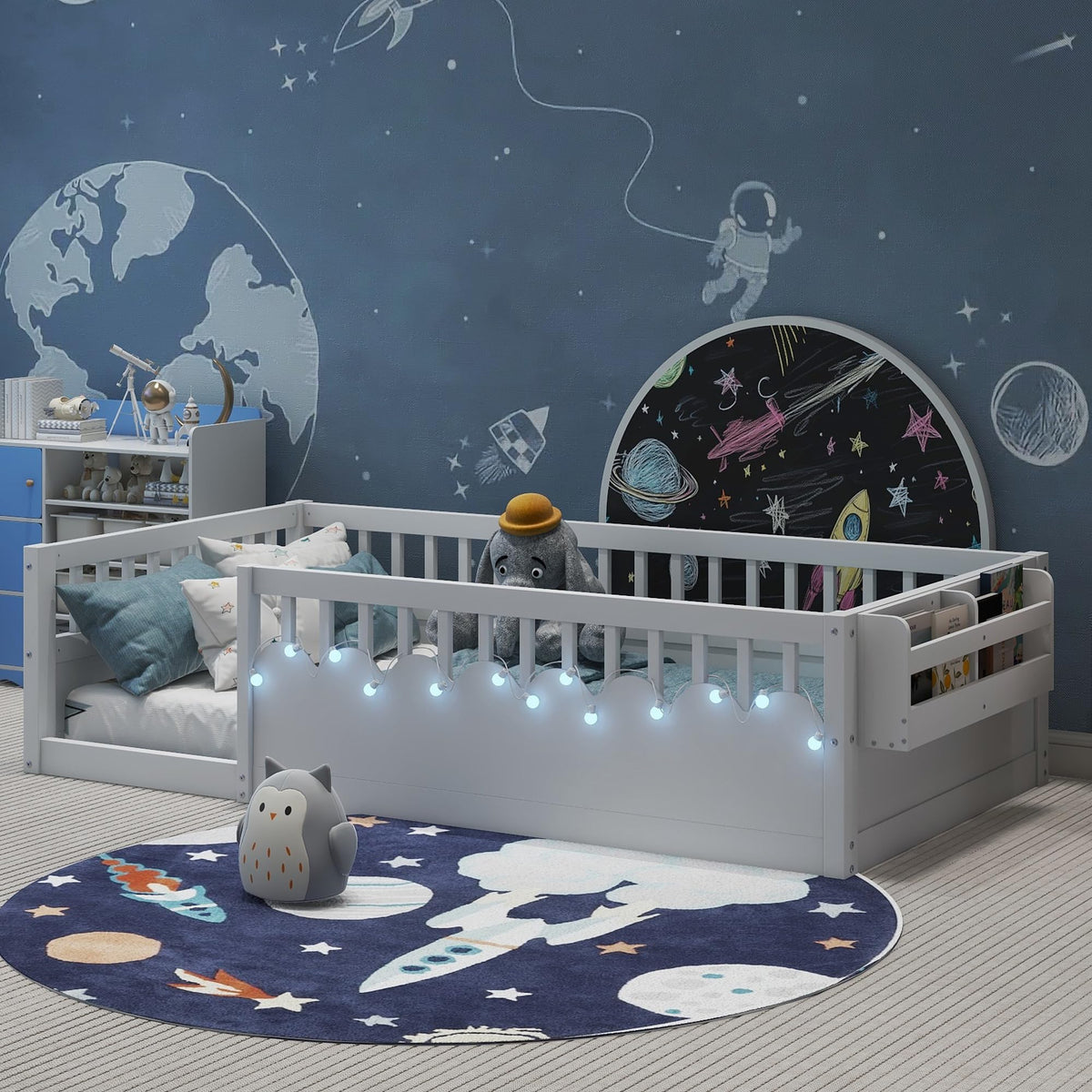 Twin Size Floor Bed with High Rails, Solid Wood Montessori Bed with Lights & Storage Shelf for Baby,Kids Bed Frame for Girls, Boys, Floor Bed Frame Without Slats,White