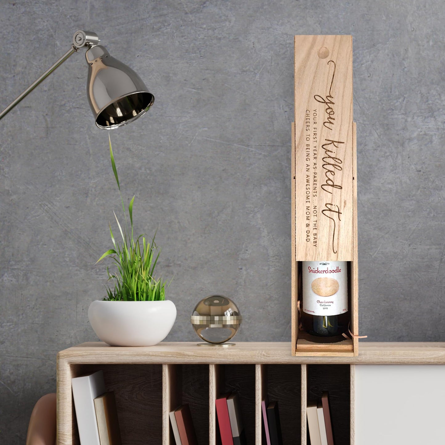 CITY NORTH Wooden Wine Box - Perfect Parents Wine Gift for Baby's First Birthday with Decorative Text, Elegant Bottle Holder and Storage, Comes with a Rope Handle, Fits Standard 750ml Bottles