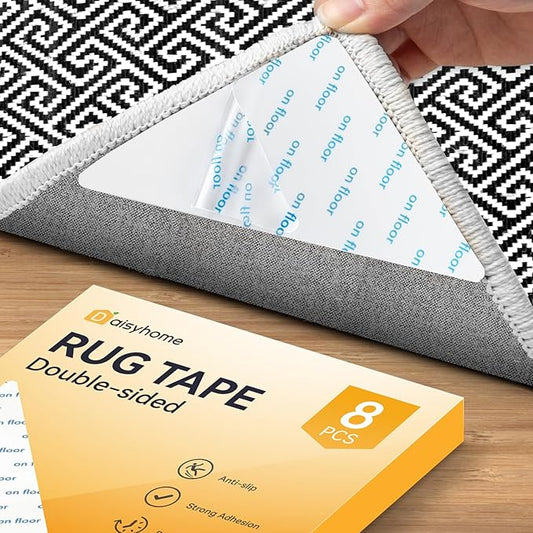 8 PCS Rug Tape, Rug Pad Gripper for Hardwood Floors, Double Sided Adhesive Carpet Tape, Reusable Anti Slip Rug Grips for Area Rugs to Keep Rug Corners Flat