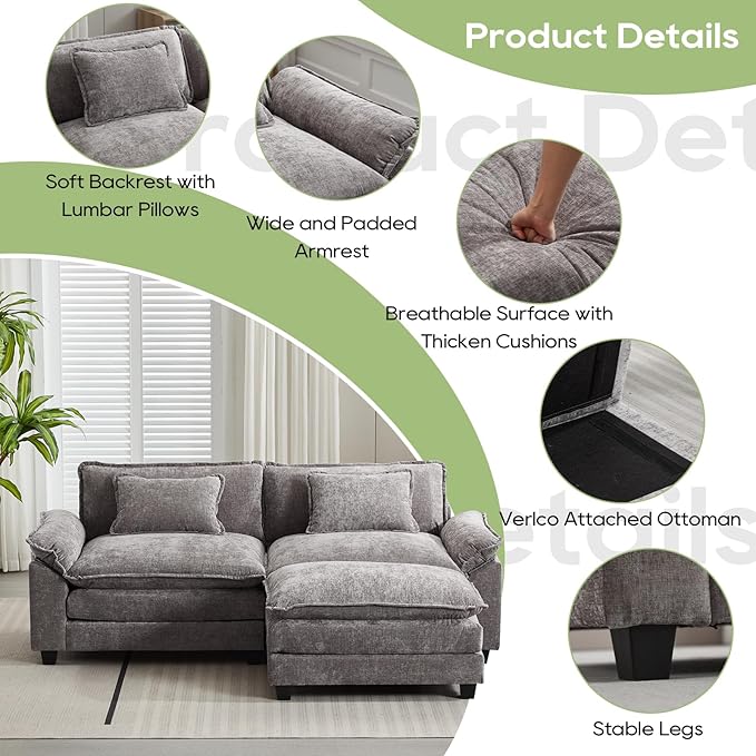 Oprisen 86" Modular Sectional Sofa, Comfy Cloud Couch Sectional Sofa with Ottoman, Chenille Sofa Sleeper Deep Seat Sofa with Throw Pillows for Living Room (Light Gray, 86"- L Shape)