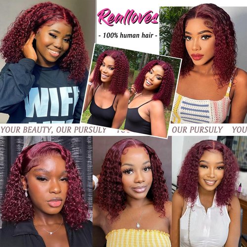 Realloves 12 Inch 99J Burgundy Deep Wave Curly Bob Wig for Black Women 180% Density Human Hair 13x4 HD Lace Front Wigs