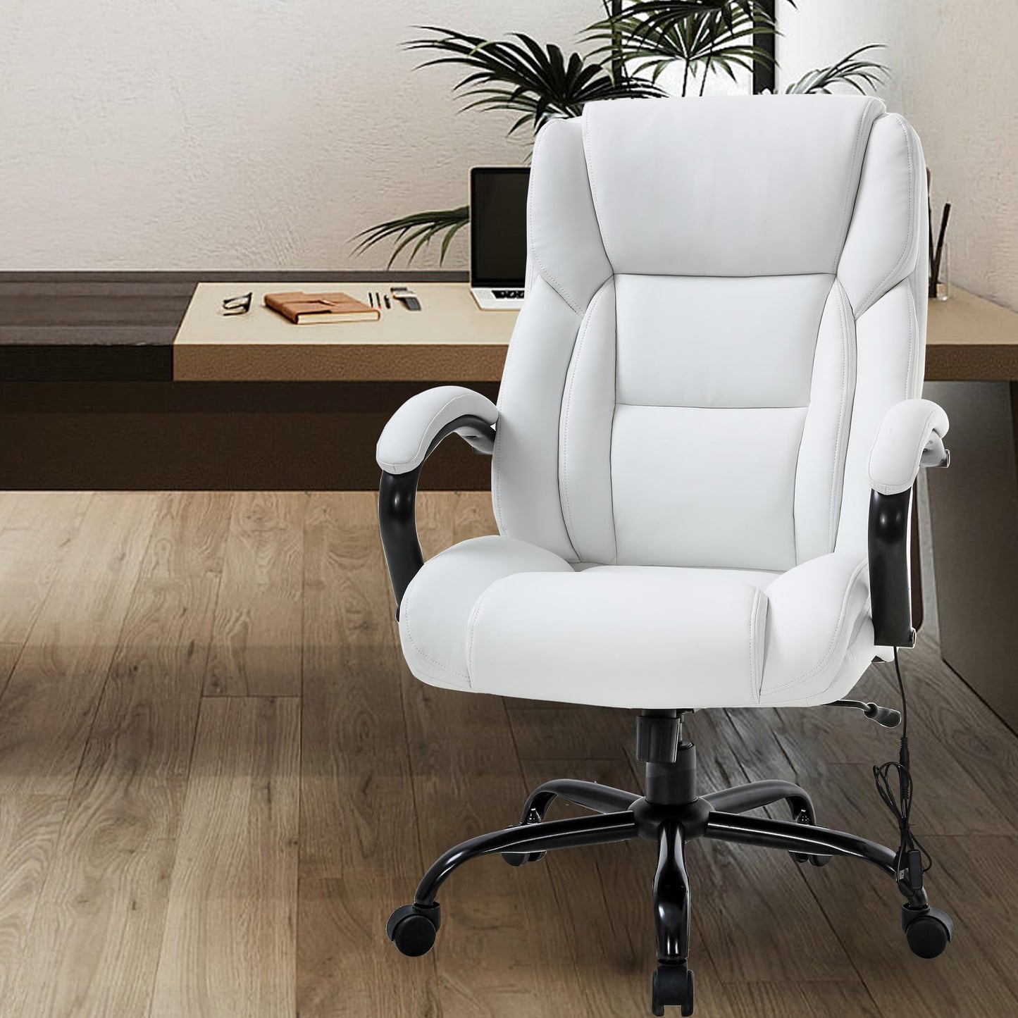 Office Chairs Big and Tall 500lbs Wide Seat for Heavy People Ergonomic Massage PU Leather Executive Chair Adjustable Rolling Swivel Computer Desk Chair with Lumbar Support Headrest Task Chair White