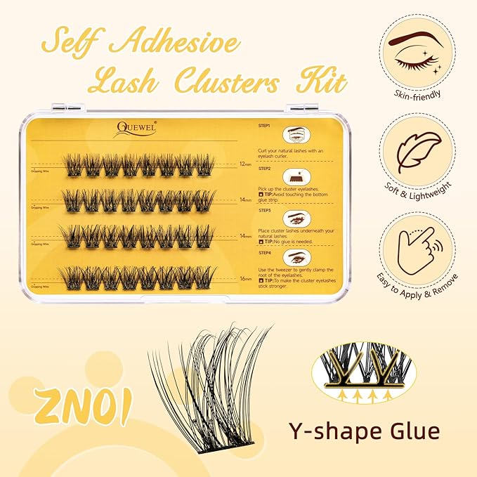 QUEWEL Self Adhesive Eyelashes Kit, Press On Lashes Pre Glued Eyelash Clusters Self Stick Cluster Lashes No Glue No Remover Needed DIY Lash Extension Kit for Beginners (ZN-01)
