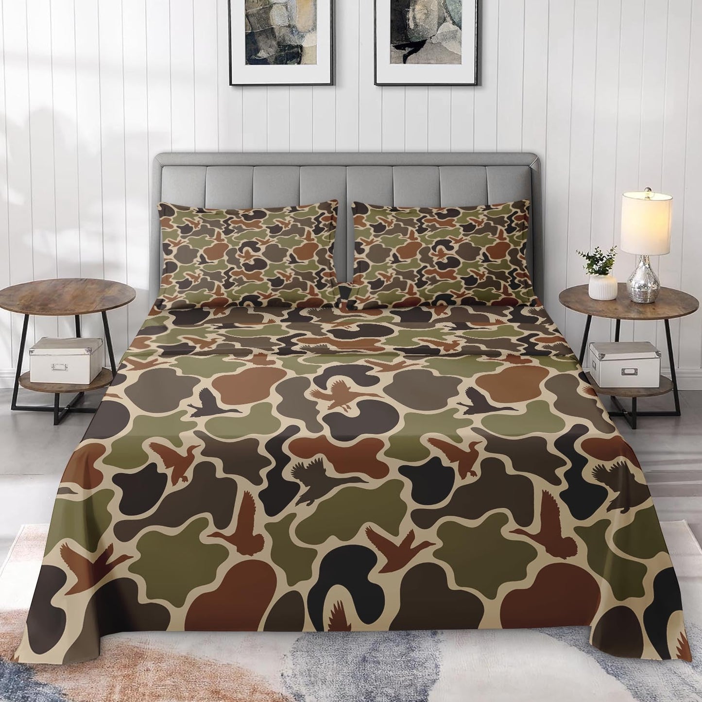 Zzzboro 4 Pcs Fitted Sheet Set Queen Size,Camouflage Hunting Duck Hunter Birds, Bed Decor Camo Army Green Military Woodland Bedroom Sets Pillowcase Bedsheet Bedding Flat Sheet for Kids and Adults