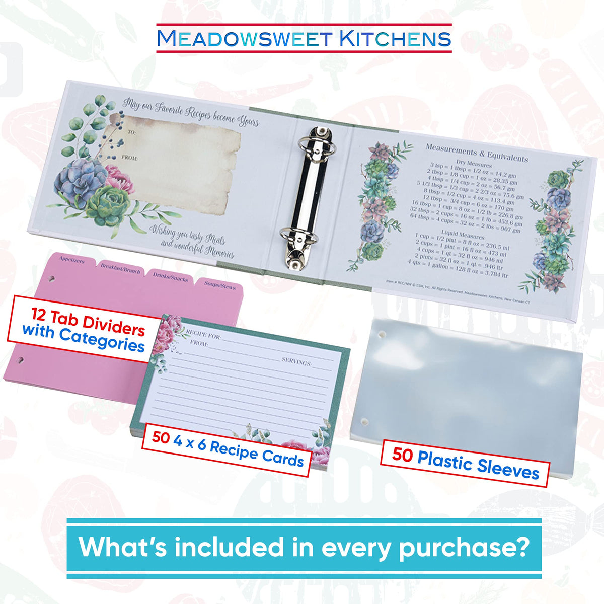 Meadowsweet Kitchens Newlyweds Recipe Card Holder Cookbook Mini 2 Ring Binder Organizer - Recipe Binder Cook Book w/ 50 4 x 6 Cards, 50 Clear Card Sleeves & 12 Card Dividers w/Categories - Newlyweds
