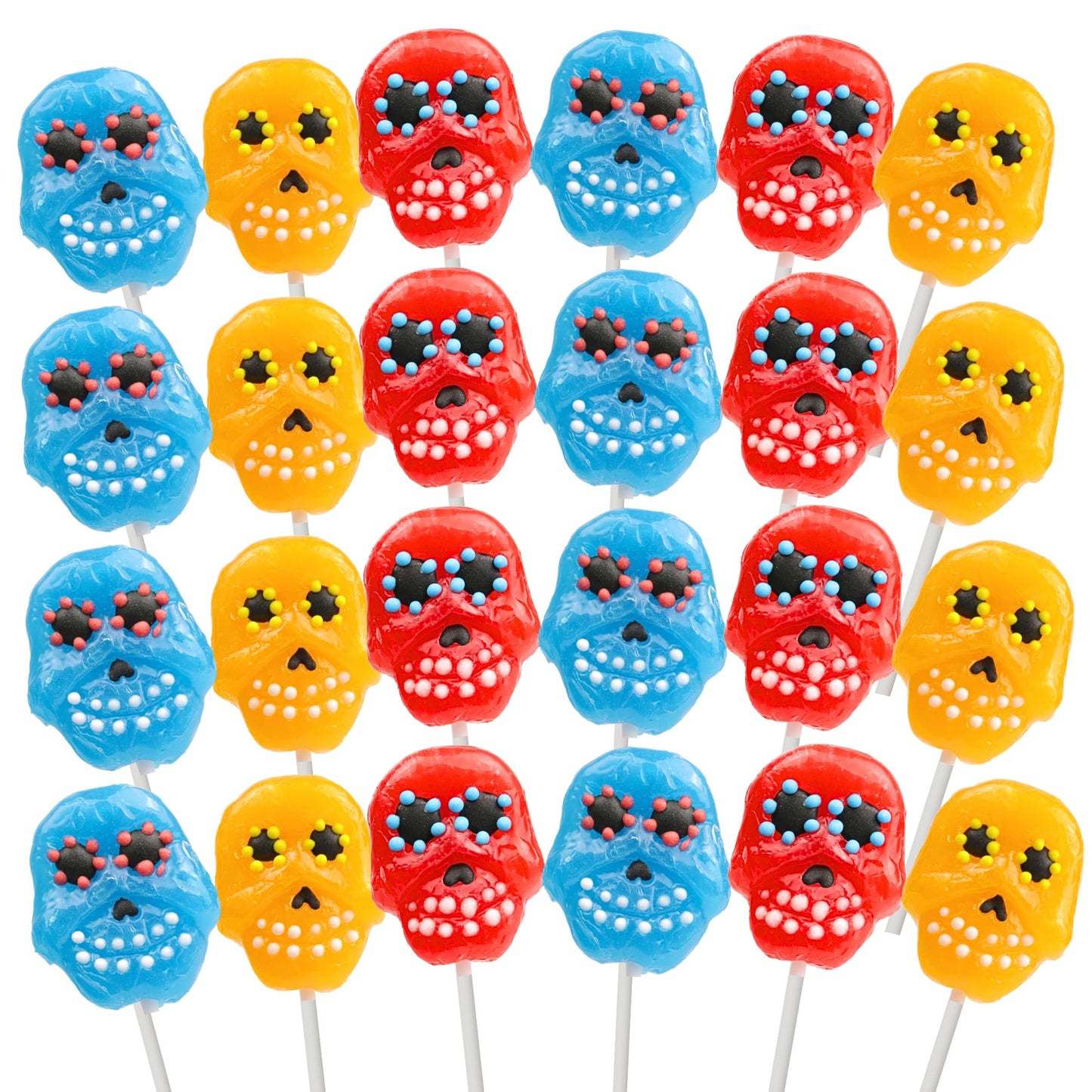 Sweetzo Halloween Sugar Skull Candy Lollipops, Individually Wrapped Dia De Los Muertos Suckers, Strawberry, Orange and Blueberry Flavored (24 Pieces)