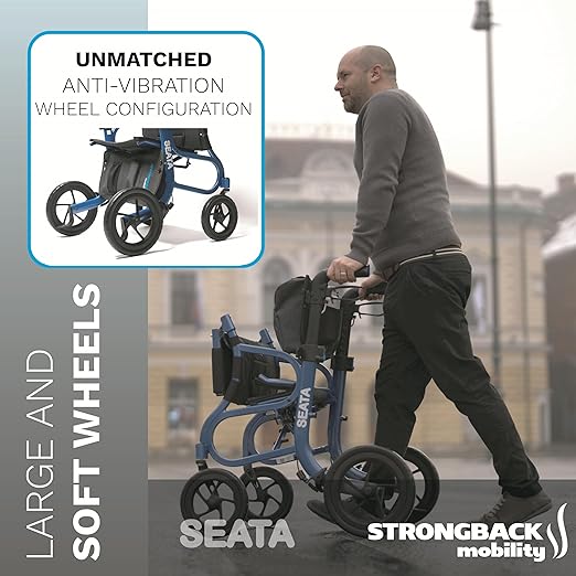 Strongback Mobility Seata Rollator Walker with Seat for Seniors - Lightweight Foldable Adult Mobility Aid with Wheels and Brakes, Ergonomic Back Support, Adjustable Height, 19.6" Width, 300lb Capacity