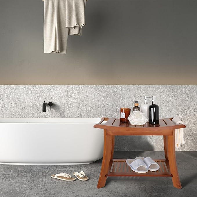 VVW Bamboo Shower Bench & Stool with Storage Shelf, Bath Benches for Inside Shower, Bathroom Stools 2-Tier Spa Seat for Adults Elderly (Walnut)