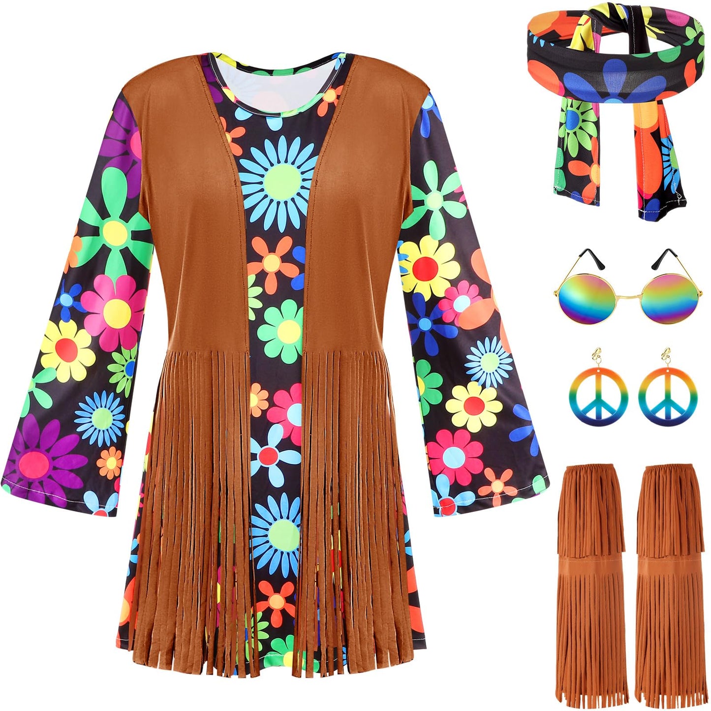 SATINIOR Hippie Costume Set Women 60s 70s Disco Outfits Halloween Party Dress Accessories for Adult(XL)