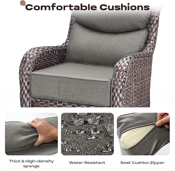 Rilyson Outdoor Patio Furniture Set - Weather Resistant Wicker,High Back,6 inch Cushions,3 Piece Patio Bistro Set with Swivel Rocker Chairs and Side Table for Deck Porch Yard,Brown/Grey