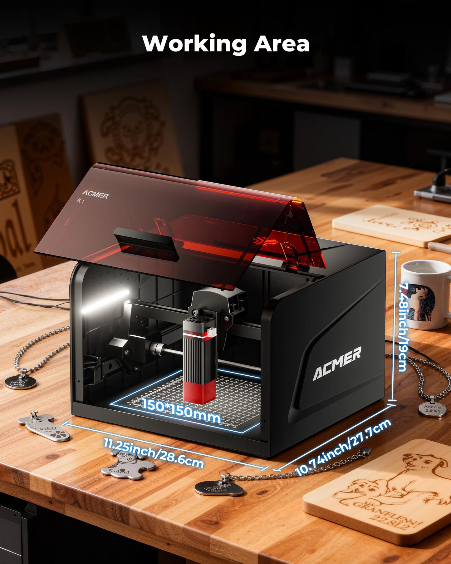 ACMER Laser Engraver Machine, K1 Desktop 3500mW Compact Laser Engraving Machine, 150×150mm Work Area, 0.08mm Fine Engraving Spot, Laser Cutter for Wood, Plywood, Acrylic, DIY Crafts & Small Business