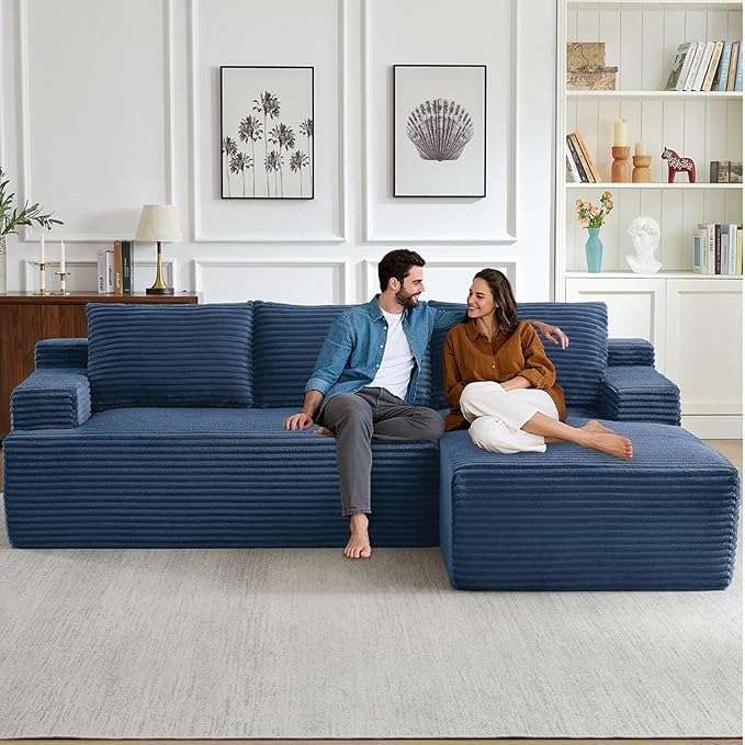 96" Cloud Sectional Couch with L-Shape Chaise, Modern Corduroy Boneless Couch for Living Room,Memory Foam Sofa with Deep Seat,No Assembly Required (Blue,Right-Facing Chaise)