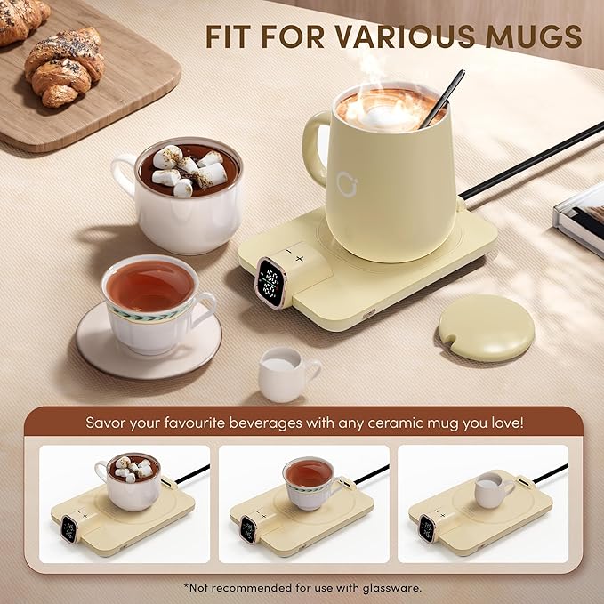 Coffee Mug Warmer Set, ±1°F Precision Temperature Control Smart Heated Mug for Desk, Electric Coffee Warmer with Auto Shut Off & Real-Time Temp Display, Gifts for Men Women, 15oz Ceramic Mug, Beige