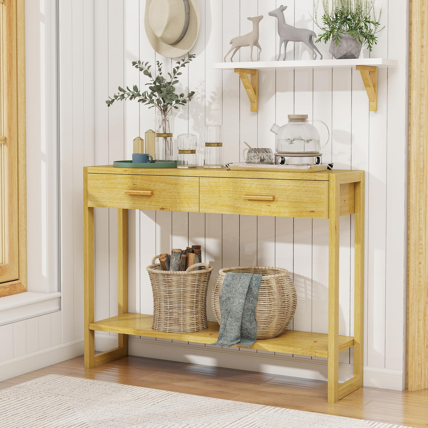 Edospaen Solid Wood Console Table with Storage Entryway Table with 2 Drawers Shelf & Reinforced Legs