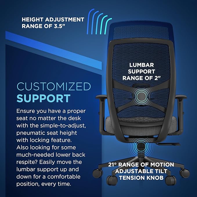 Tempur-Pedic ProTask Executive Task Office Chair with Mesh Back and Built-in Lumbar Support, Height-Adjustable Ergonomic Mesh Office Desk Chair, Grey