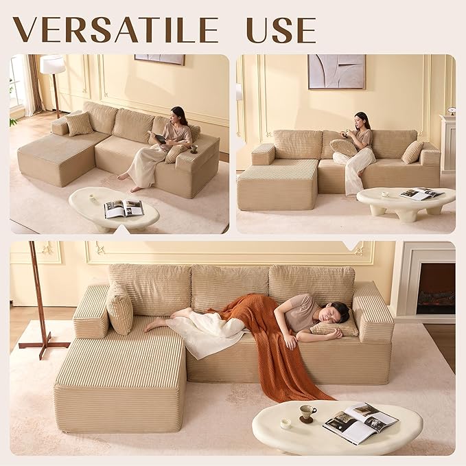 Afuson 107" Boneless Couch with Deep Seat, Modular Sectional Sofa, Cloud Sectional Couch for Living Room, No Assembly Required, Corduroy, L-Shape Left, Camel