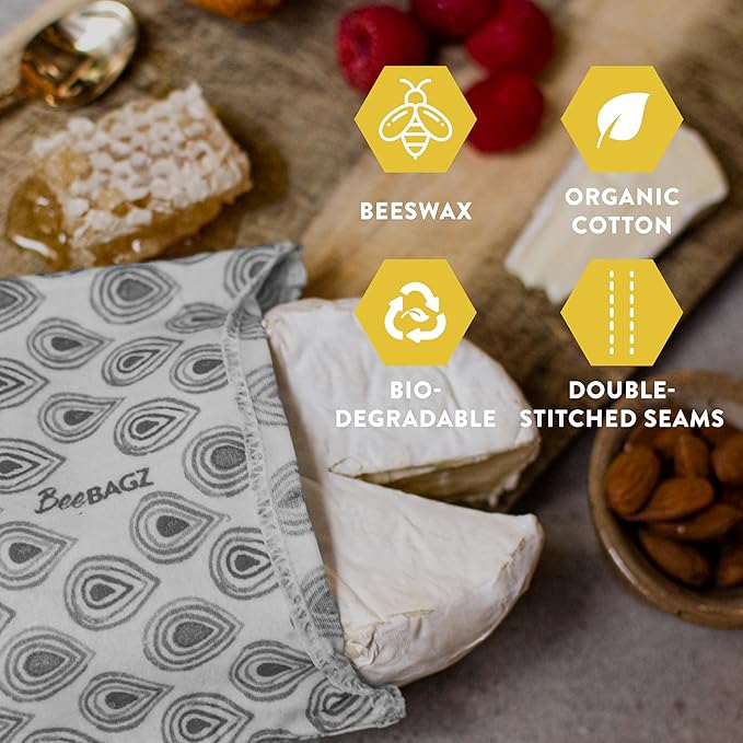 BeeBAGZ - Beeswax Wrap Storage Bag, Reusable Food Storage Bags, Pack of 3, Plastic Free Biodegradable Food Wrap Alternative, Starter Pack, 1 Small + 1 Medium + 1 Large, (Grey)