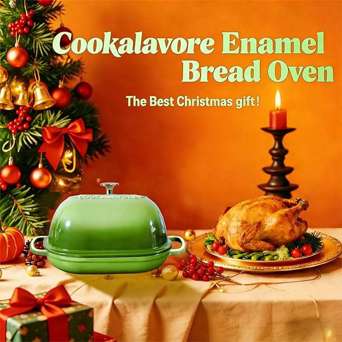 Cast Iron Bread Oven,6 QT Bread Oven,Thick Enameled Loaf Pan with Lid,Bread Pans for Homemade Bread,14.5"Dutch Oven for Bread Baking,Dutch Oven-with Silicone Baking Mat&Recipe,Gifts for Family,Green