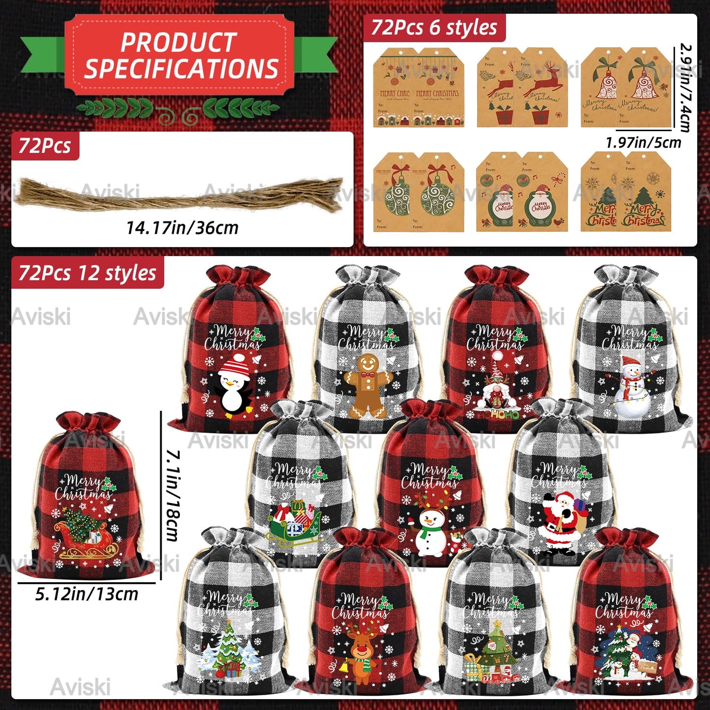 Aviski 72PCS Cotton Medium Christmas Drawstring Candy Treat Bags Buffalo Plaid Xmas Xmas Christmas Fabric Goody Gift Sacks Reusable Gift Wrapping Bags Holiday Party Favors - Red/White