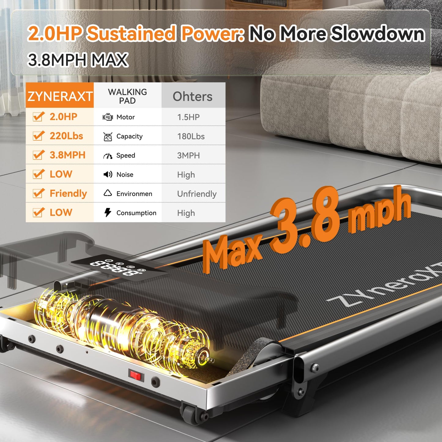 Foldable Walking Pad Treadmill, 2.0HP Motor, LED Display, 220 Lbs Capacity, Ultra-Slim 2-in-1 Design with Remote Control, 0-8% Incline, Quiet Under Desk for Home Office (W3-110-US) (with Handrail)