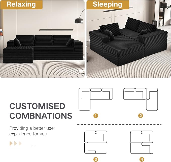 Extra Firm 108” Cloud Boneless Couches for Living Room,Modular Sectional Cloud Couch with Deep Seat, High-resilience Foam / Sag-resistant / Keeps its form, No Assembly Required (Left-Facing Chaise） | Quick Assembly, Extra Firm Support, Not easily colla...