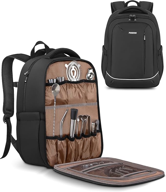 PEKREWS Bartender Bag, Travel Bartending Backpack for Carrying Bar Kit, Portable Bar Bag for Tools Set Storage Cocktail Sh...