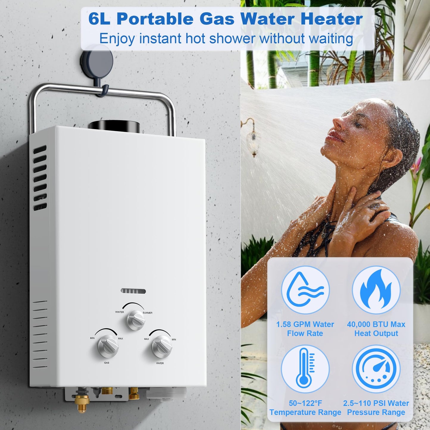 Outdoor Propane Tankless Water Heater - 6L 1.58 GPM Portable Gas Water Heater with Handle & Overheating Protection, Instant Hot Water for RV Cabin Camping Boat Barn