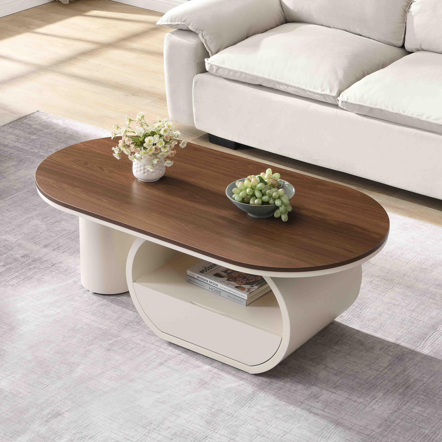 47.24'' Modern Coffee Table, Luxury Oval Coffee Table with Storage Drawer and Shelf, Metal Center Table for Living Room ﻿ (Antique White+Brown)