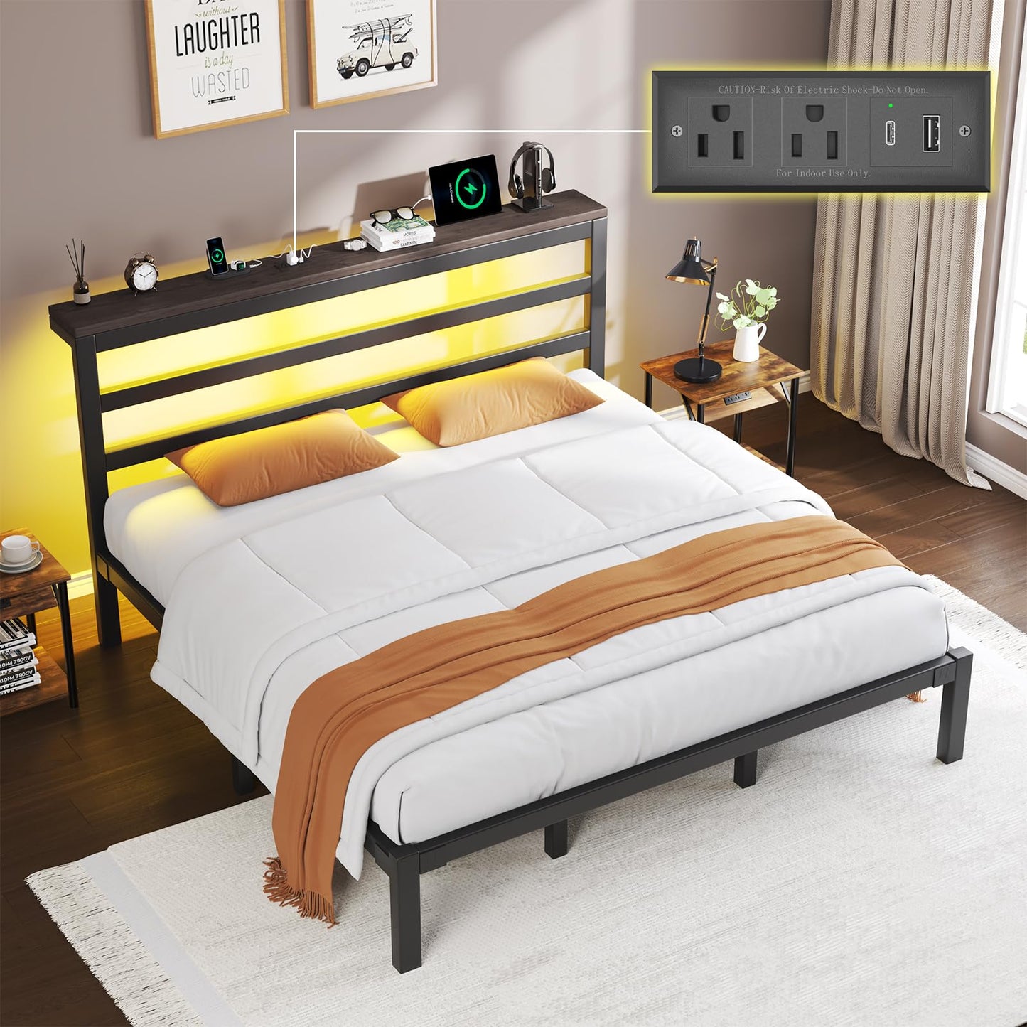 E-Motie King Size Bed Frame with Storage Headboard, Industrial Platform Bed with Charging Station and LED Lights,Underbed Storage Space, No Box Spring Needed, Easy Assembly, Modern, Black