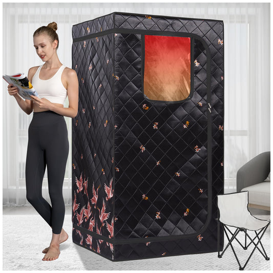 Smartmak Full Size Portable Home Sauna Kit, 1 Person Far Infrared Sauna, Full Body Sauna Tent for Relaxation, with Timer & Temperature Remote Control, Foot Heating Pad,Upgraded Folding Chair - Black