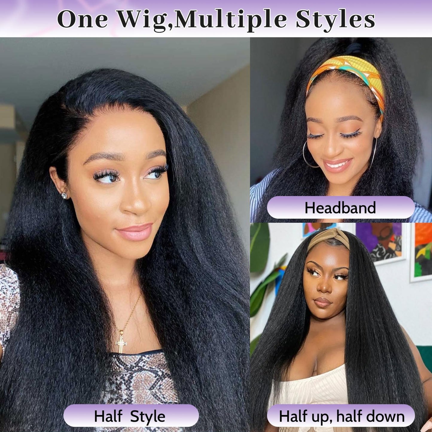 DSEKCAIN Half Wig Human Hair Kinky Straight 26 Inch 210 Density 100% Real Human Hair Yaki Straight Half Wig Glueless With Drawst
