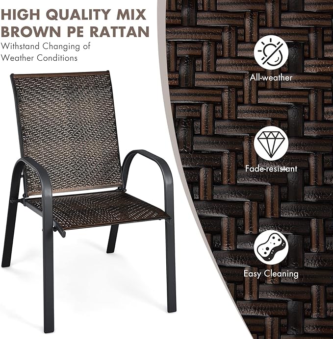 HAPPYGRILL 6 Pack Stackable Dining Chairs Outdoor PE Wicker Patio Arm Chairs with Rustproof Steel Frame, Bistro Deck Chairs for Backyard Garden and Poolside