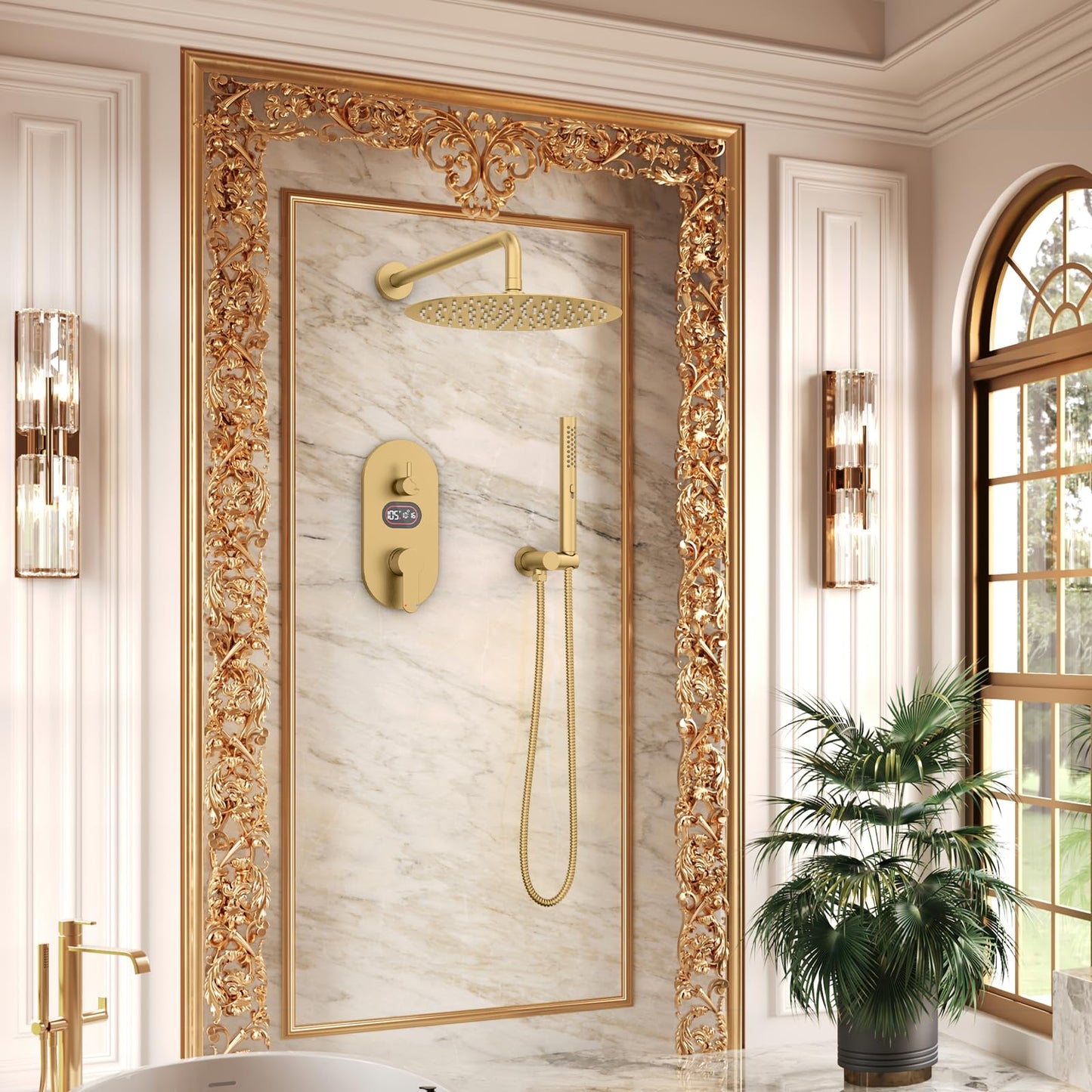 Round Shower Faucet Set with Hydro Power Temperature Display, Shower System Bathroom 10 Inch Shower Head with Handheld Spray, Wall Mounted Shower Fixtures with Shower Valve and Trim Kit, Brushed Gold