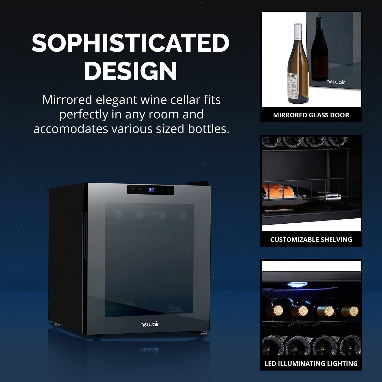 NewAir 16 Bottle Wine Cooler Refrigerator, Shadow Series Freestanding Wine Fridge with Mirror Glass Door, UV-Protected Glass & Quiet Compressor Cooling, Compact Wine Cellar