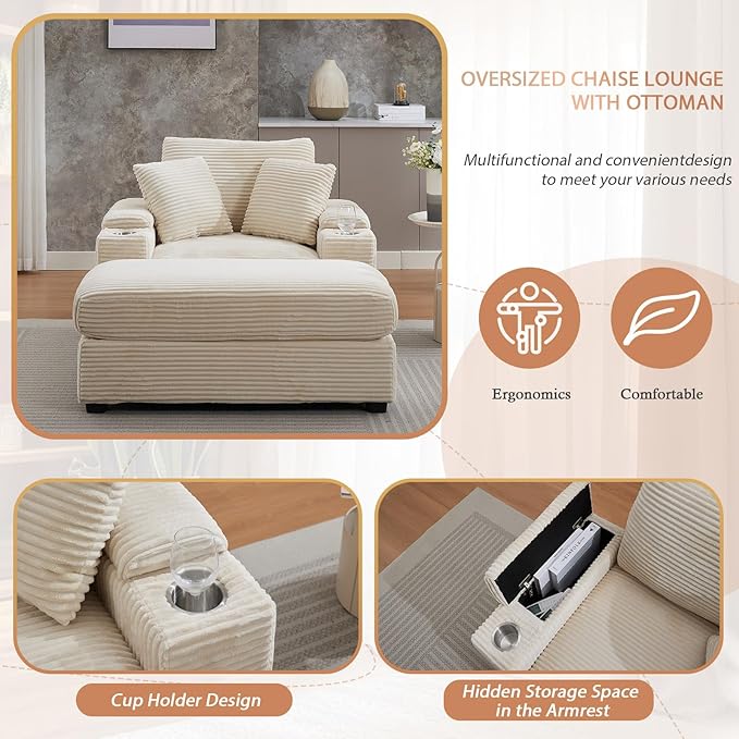 50" Oversized Chaise Lounge Chair Indoor with Ottoman and Storage, Comfy Corduroy Sleeper Chair with Cup Holder, Deep Seat Upholstered reading Chair, Reclining Chair for Living Room, Bedroom(Beige)