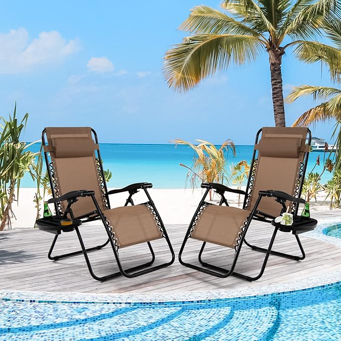 Tangkula Zero Gravity Chair, Folding Patio Lounge Chair Adjustable Outdoor Recliner with Cup Holder, Wide Armrest for Patio Garden Poolside Outdoor Yard Beach, Support 350 lbs (2, Light Brown)
