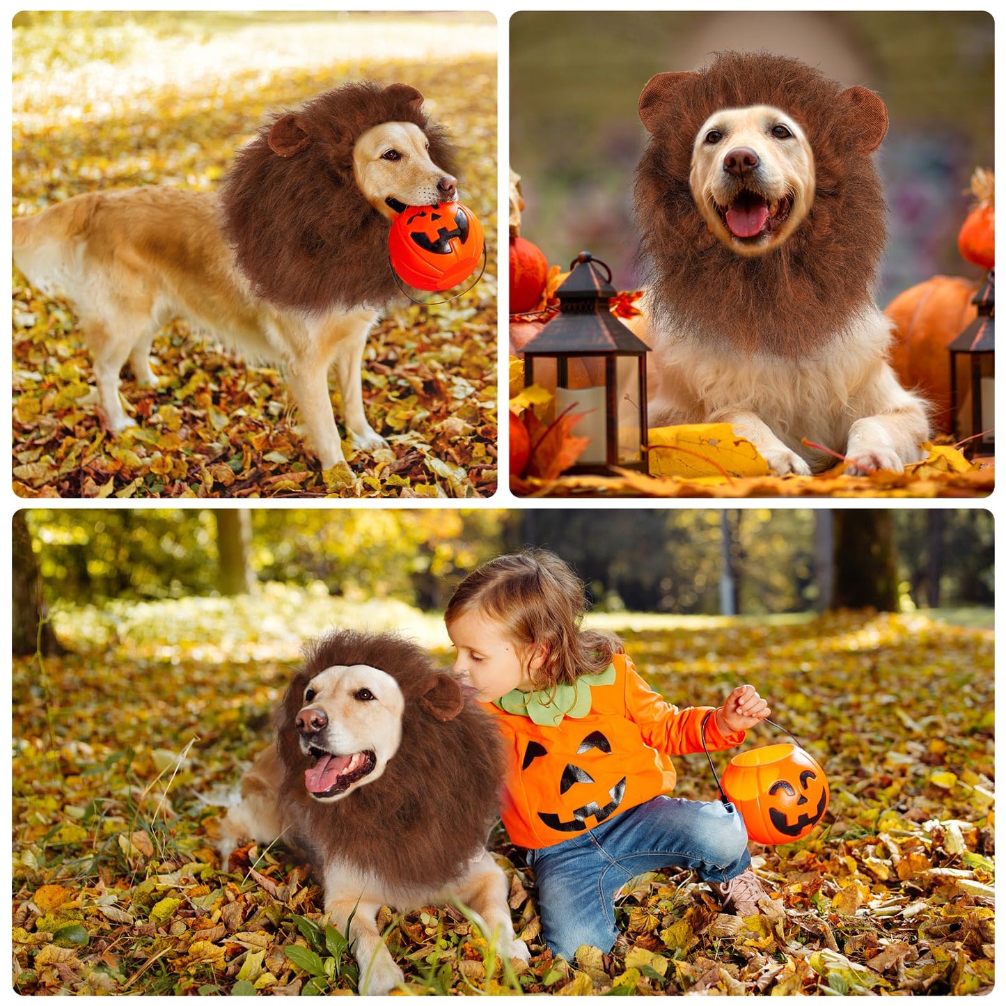NEWBEA Lion Mane for Dog Costume, Dog Lion Mane, Realistic Funny Lion Wig for Medium to Large Sized Dogs, Halloween Fancy Dog Lion Costume (Dark Brown with Ear Tail)