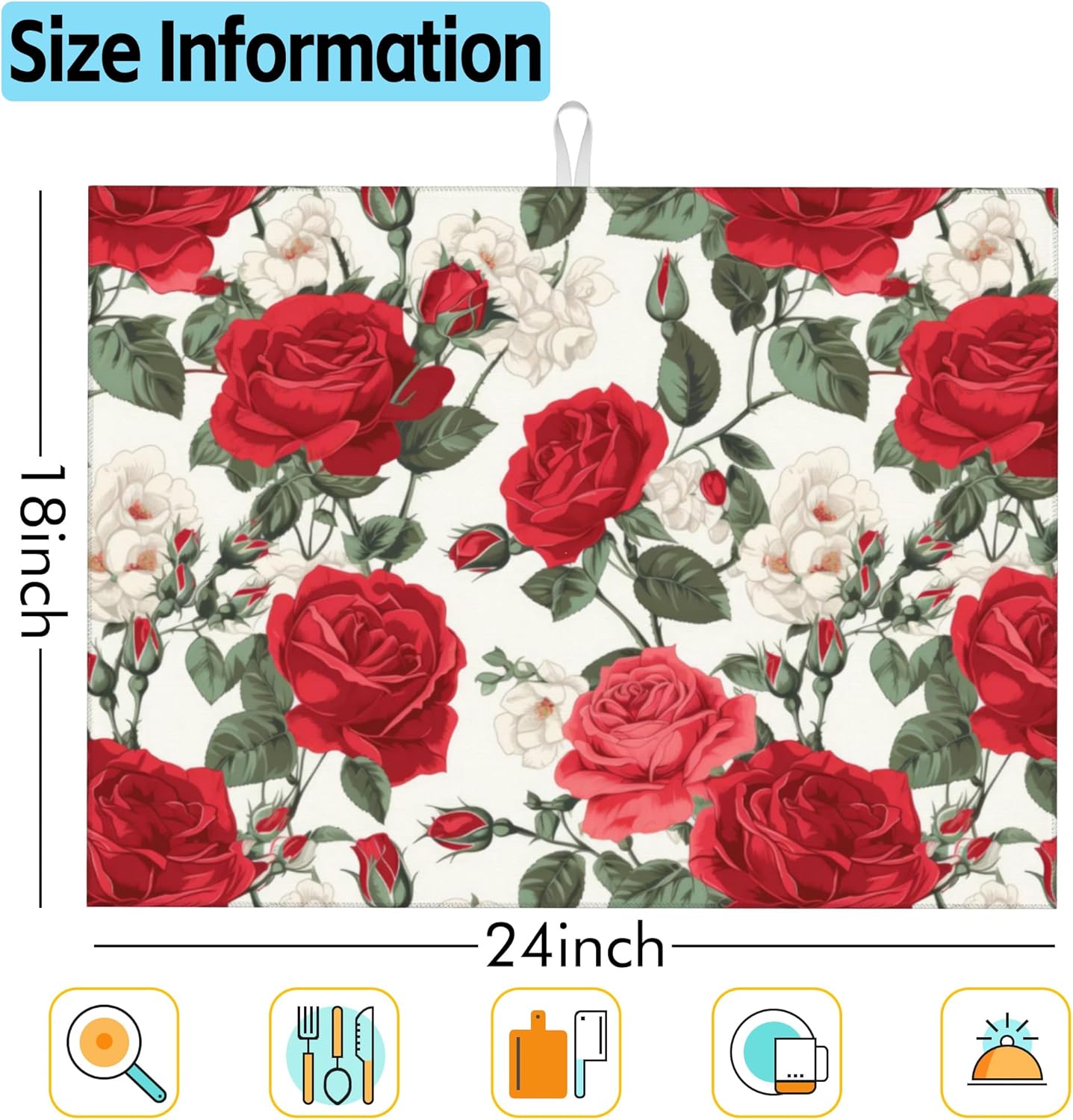 Large Dish Drying Mat for Kitchen Counter,18"X24" Red Rose Flowers Super Absorbent Reversible Microfiber Dish Drying Mat Dish Drainer Mat,Dishes Mat Drying Pad for Kitchen Countertop Coffee Bar
