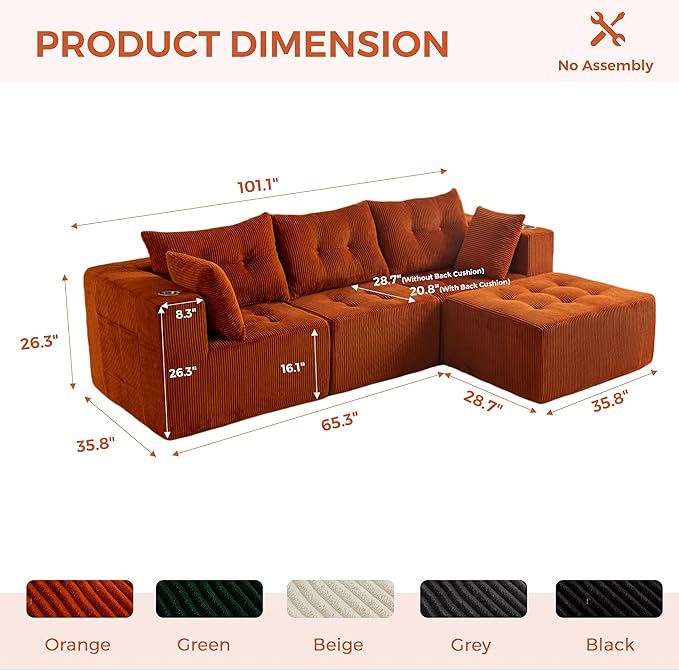 MAXYOYO Modular Sectional Sofa Couch, L Shaped Modern Cloud Couch with 1 Ottoman, Sofa in A Box, Tufted 4-Seat Boneless Sleeper Chair for Living Room, No Assembly Required, Orange