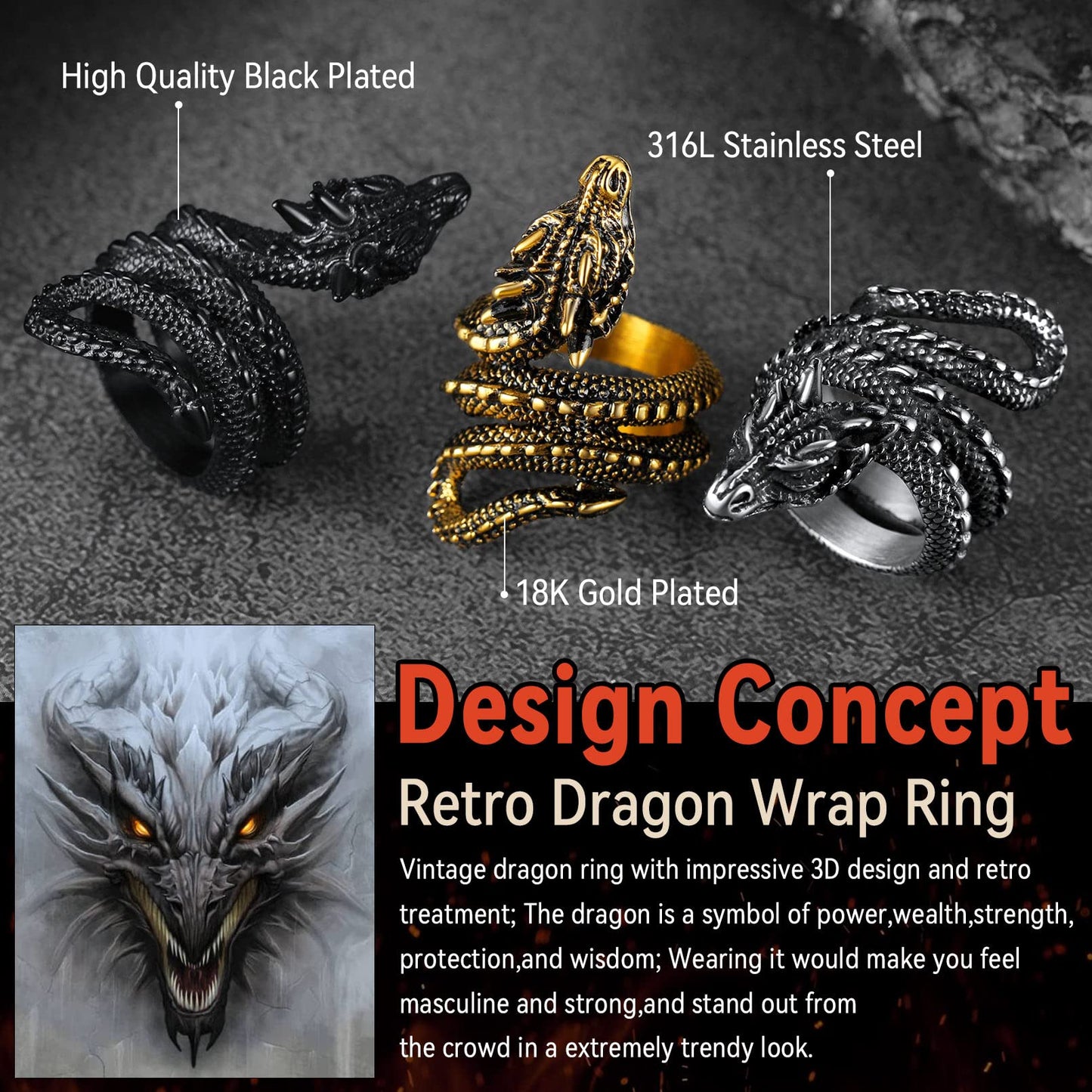 FaithHeart Mens Gothic Rings Stainless Steel Norse Viking Masculine Dragon Biker Ring Punk Retro Vintage Nordic Mythology Jewelr