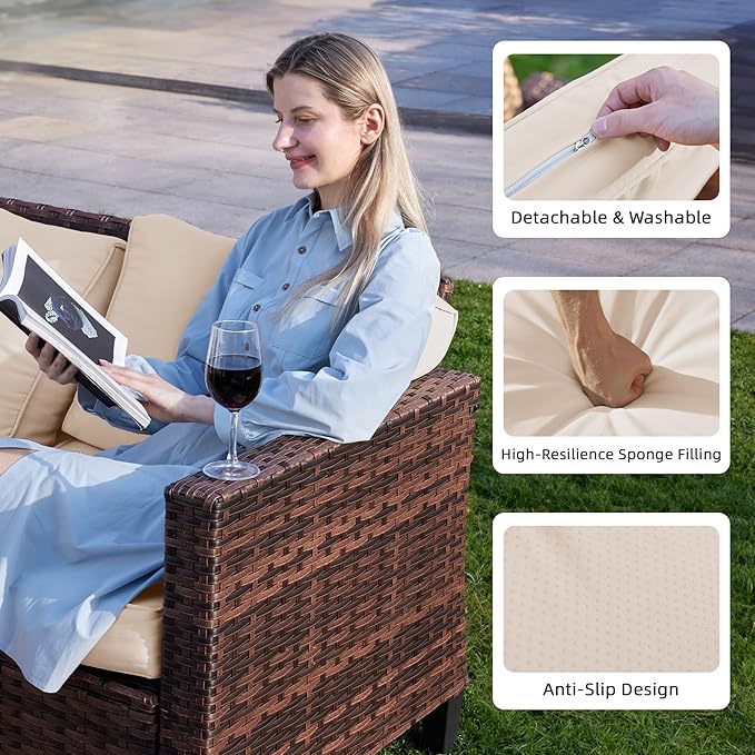 UDPATIO Patio Furniture Set, 5 Pieces Outdoor Furniture Sets with Rocking Swivel Chairs, Wicker Rattan Patio Conversation Set with Storage Table and Waterproof Covers for Backyard Deck Porch, Khaki