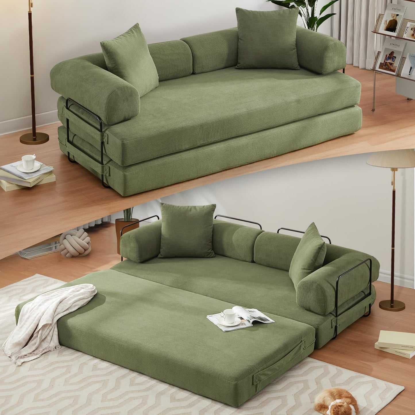 MAKIAAP 78.5'' Convertible Folding Sofa Bed – 4-in-1 Modular Floor Couch, Corduroy Small Cloud Couch, Compressed Foldable Sleeper Sofa, King Size Futon for Bedroom, Guest Room (Green)