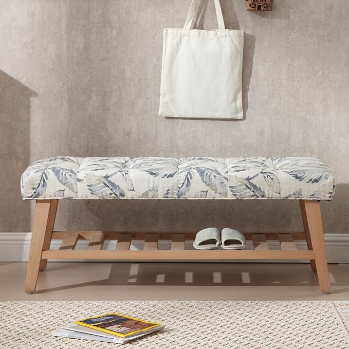 Janoray Entryway Shoe Bench Storage Benches with Upholstered Button Tufted Seat and Open Slatted Shelf Linen Shoe Rack for Hallway Living Room Bedroom End of Bed, Pattern
