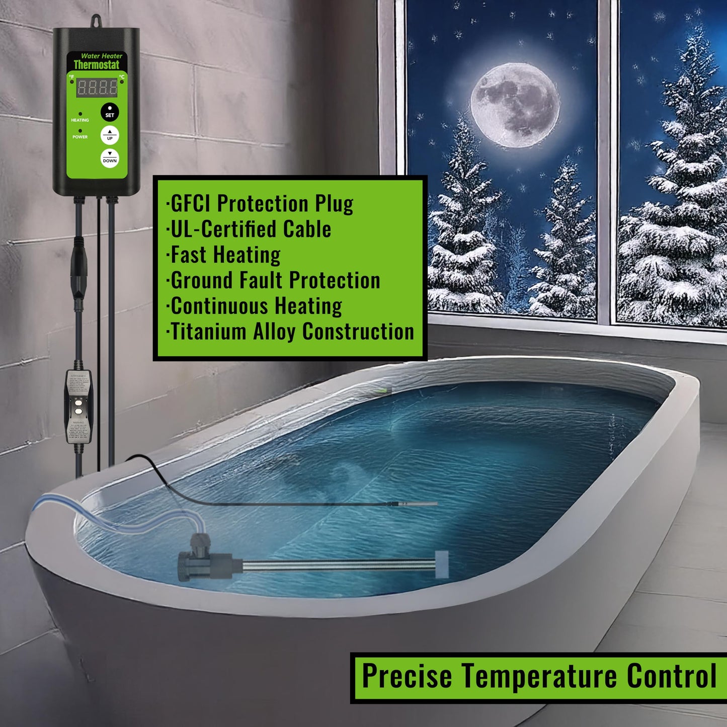 LINGLONGTEMP 1500W Titanium Submersible Portable Electric Hot Tub & Pool Immersion Water Heater with GFCI and Temp Control for Baptistry, Bathtub, Baptismal, Sap, Above Ground Pool and Inflatable Pool