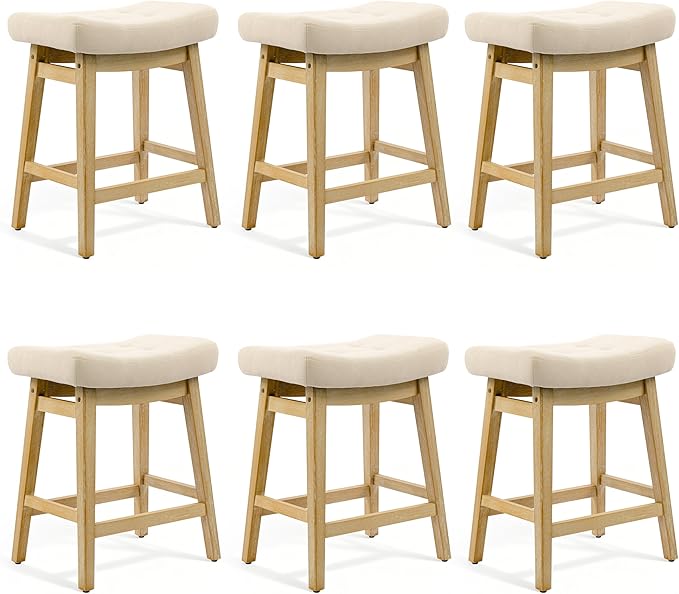 Counter Height Bar Stools Set of 6 for Kitchen Counter, Backless Farmhouse Island Short Barstools No Back with Padded Fabric Saddle Seat & Solid Wood Legs Modern 24 inch Counter Top Bar Chairs, Khaki