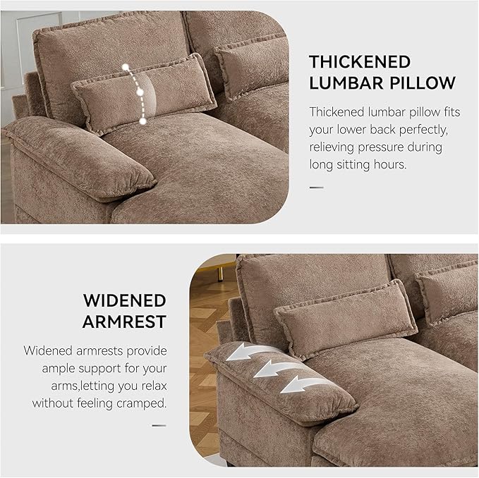 125" U Shaped Cloud Modular Sectional Couch for Living Room, Small Comfy Sherpa Sofa with Double Chaise Lounge, Storage Central Console, Cup Holders, USB Port, Camel